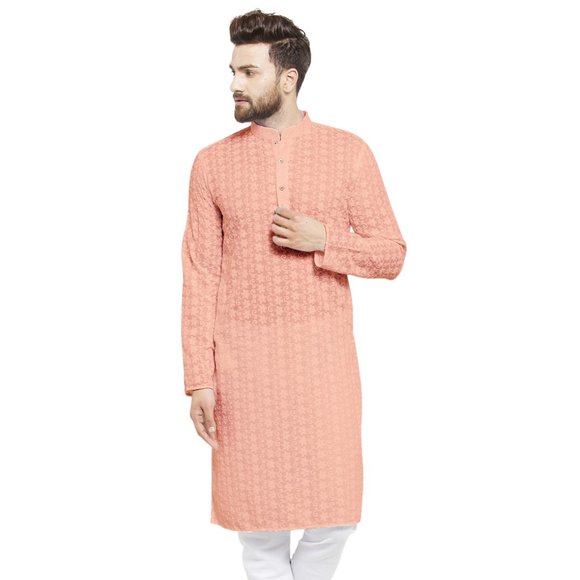 Designer Salmon Pink Cotton Chikankari Lucknowi Jaal Embroidered Kurta for Men - Picture 1 of 6